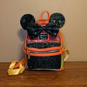 Disney Loungefly Black and Orange Iridescent Disney Mini Backpack